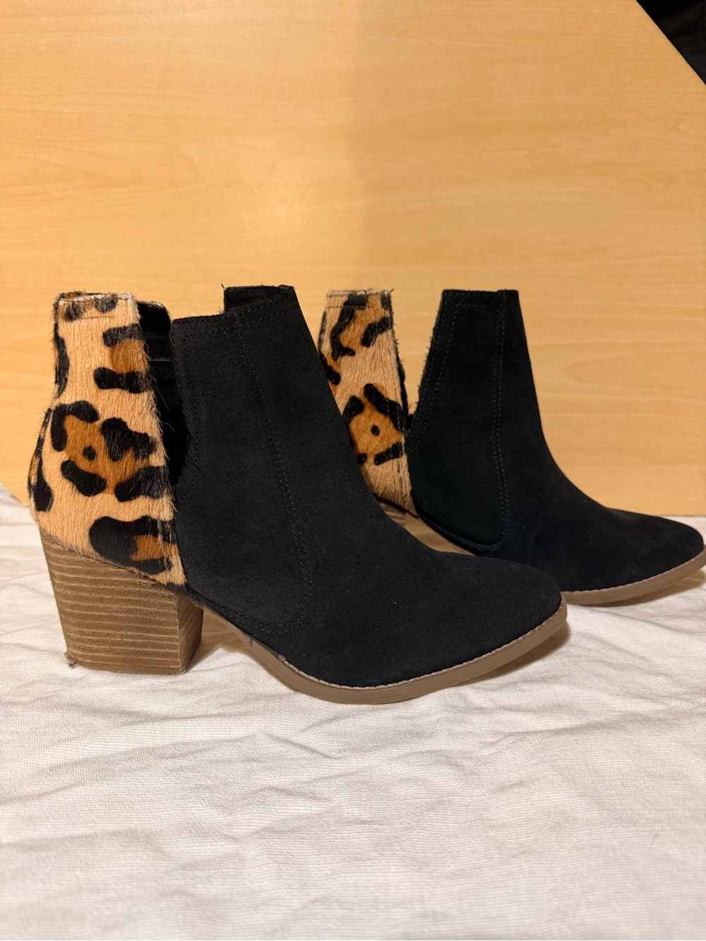 Naughty Monkey Black Suede Ankle Boot with Leopard Accent Heel - Women size 8